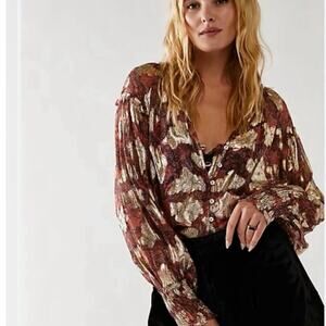 NWT Free People Scorpio Blouse in Bittersweet Combo Sz S